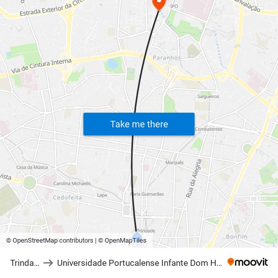 Trindade to Universidade Portucalense Infante Dom Henrique map