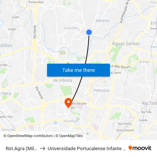 Rot.Agra (Milheirós) to Universidade Portucalense Infante Dom Henrique map