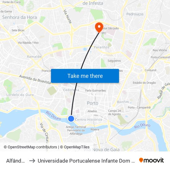 Alfândega to Universidade Portucalense Infante Dom Henrique map