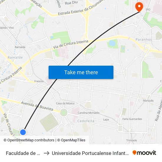 Faculdade de Ciências to Universidade Portucalense Infante Dom Henrique map