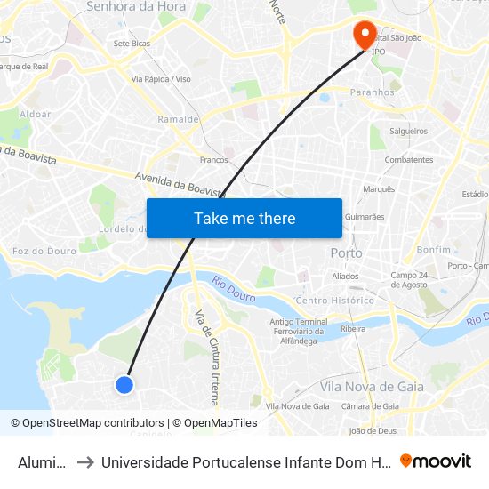 Alumiara to Universidade Portucalense Infante Dom Henrique map