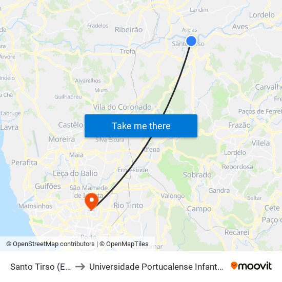 Santo Tirso (Estação) to Universidade Portucalense Infante Dom Henrique map