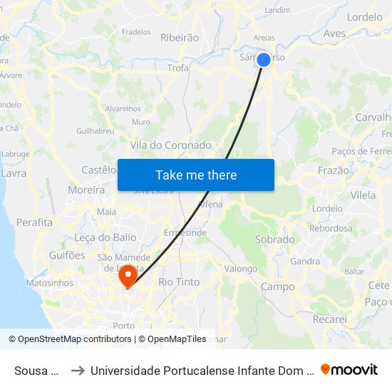 Sousa Cruz to Universidade Portucalense Infante Dom Henrique map