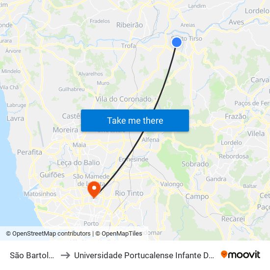 São Bartolomeu to Universidade Portucalense Infante Dom Henrique map