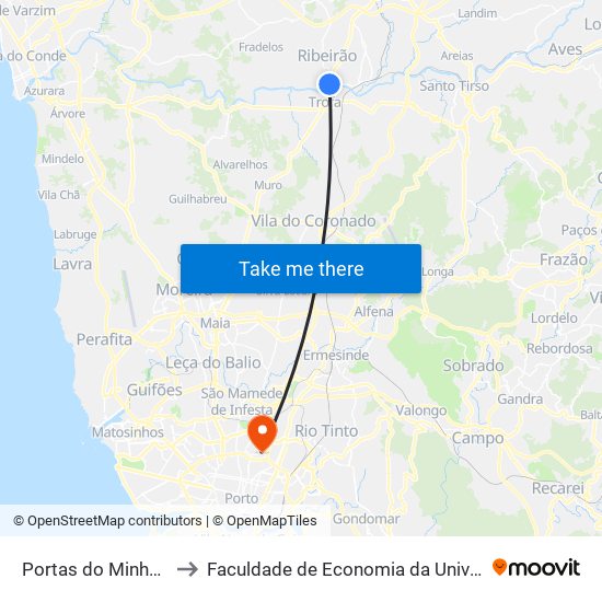 Ribeirão | Portas do Minho to Faculdade de Economia da Universidade do Porto map