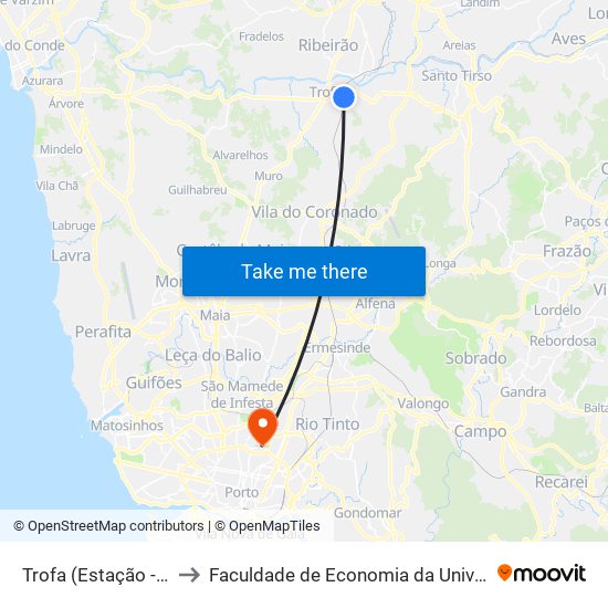 Trofa (Estação - Inferface) to Faculdade de Economia da Universidade do Porto map