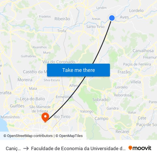 Caniços to Faculdade de Economia da Universidade do Porto map