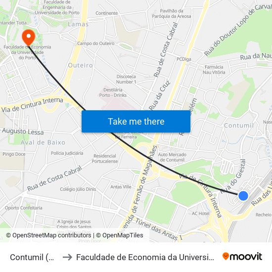 Contumil (Metro) to Faculdade de Economia da Universidade do Porto map