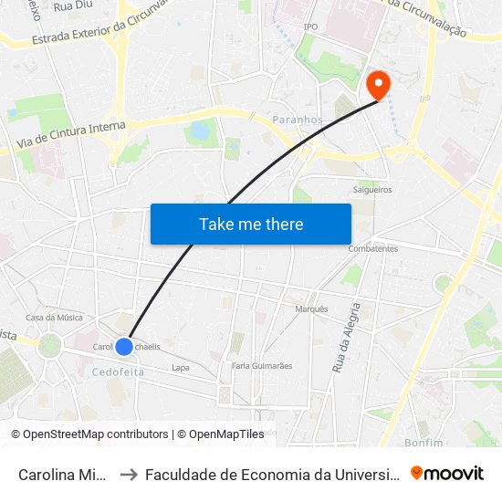 Carolina Michaelis to Faculdade de Economia da Universidade do Porto map