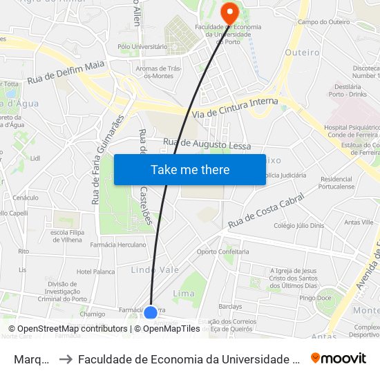 Marquês to Faculdade de Economia da Universidade do Porto map