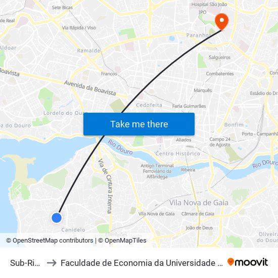 Sub-Ribas to Faculdade de Economia da Universidade do Porto map