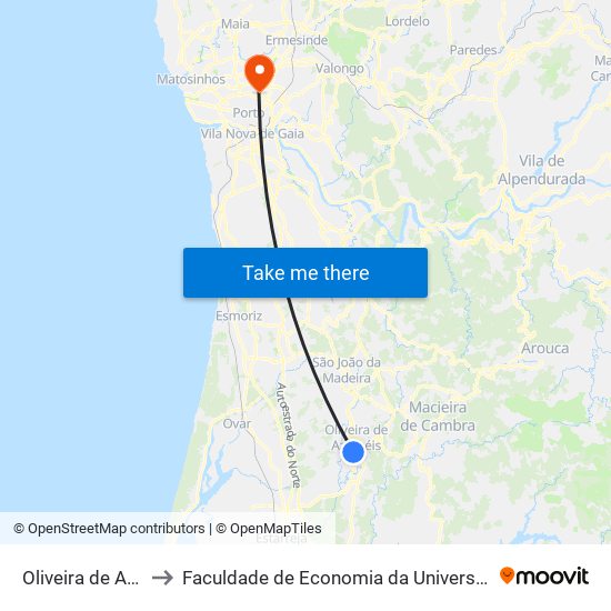 Oliveira de Azeméis to Faculdade de Economia da Universidade do Porto map