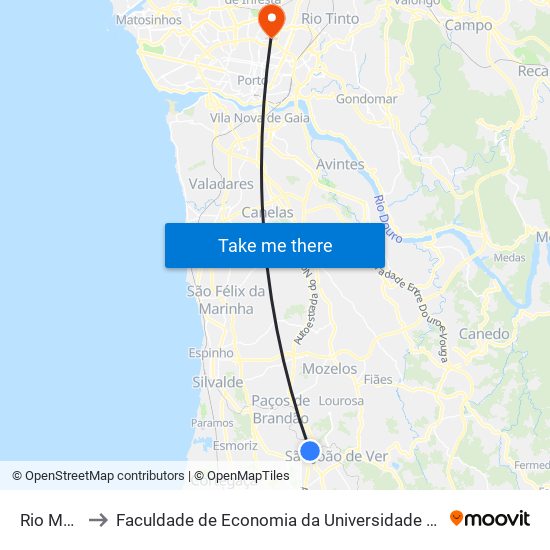 Rio Meão to Faculdade de Economia da Universidade do Porto map
