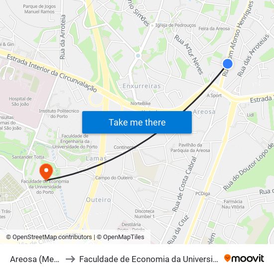 Areosa (Mercado) to Faculdade de Economia da Universidade do Porto map