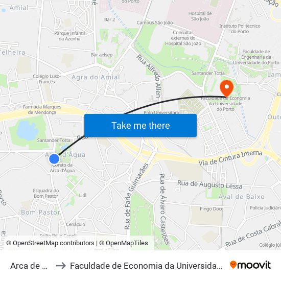 Arca de Água to Faculdade de Economia da Universidade do Porto map