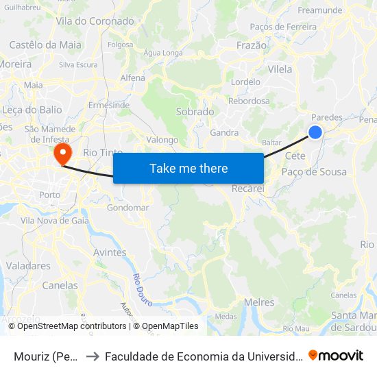 Mouriz (Perrace) to Faculdade de Economia da Universidade do Porto map