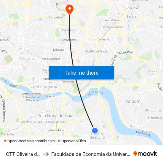 CTT Oliveira do Douro to Faculdade de Economia da Universidade do Porto map