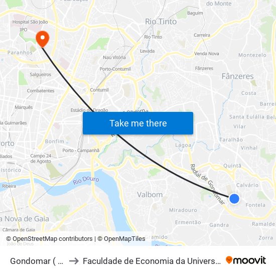Gondomar ( Souto ) to Faculdade de Economia da Universidade do Porto map
