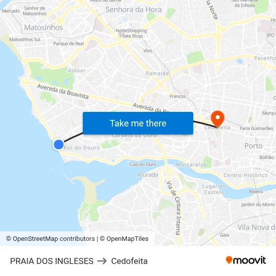 PRAIA DOS INGLESES to Cedofeita map