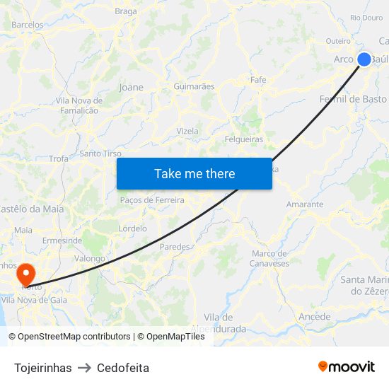 Tojeirinhas to Cedofeita map
