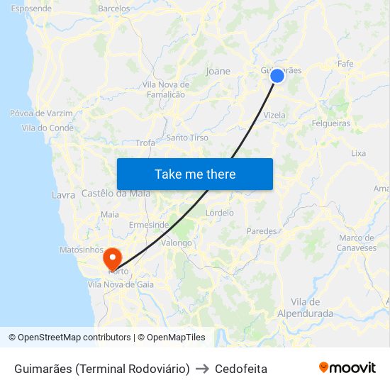 Guimarães (Terminal Rodoviário) to Cedofeita map