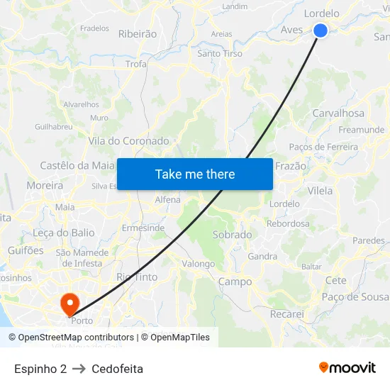 Espinho 2 to Cedofeita map