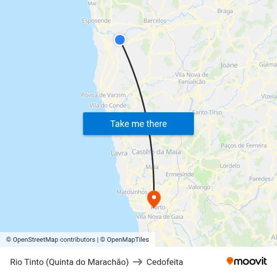 Rio Tinto (Quinta do Marachão) to Cedofeita map