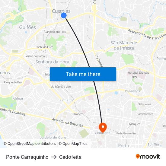 Ponte Carraquinho to Cedofeita map