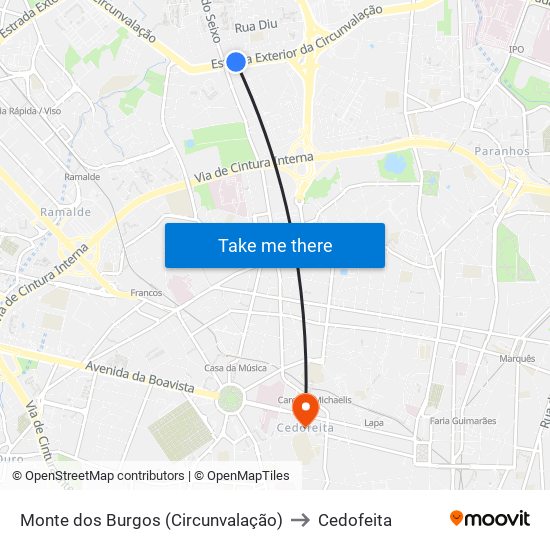 Monte dos Burgos (Circunvalação) to Cedofeita map