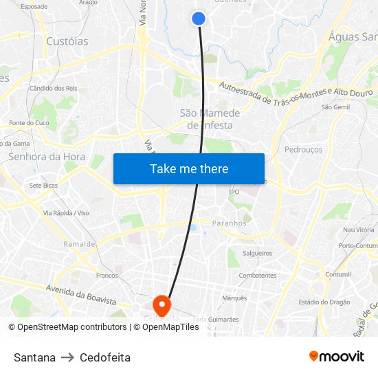 Santana to Cedofeita map