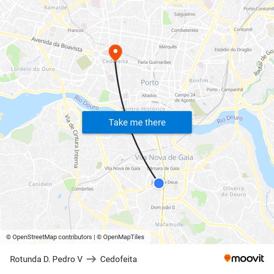 Rotunda D. Pedro V to Cedofeita map