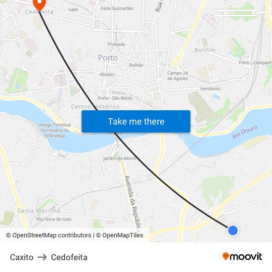 Caxito to Cedofeita map