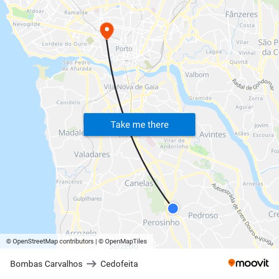 Bombas Carvalhos to Cedofeita map