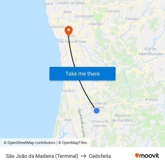 São João da Madeira (Terminal) to Cedofeita map