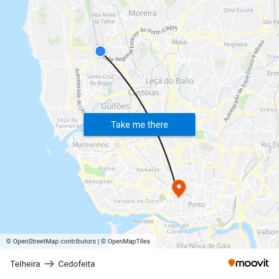Telheira to Cedofeita map