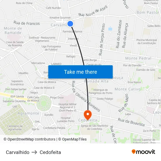 Carvalhido to Cedofeita map