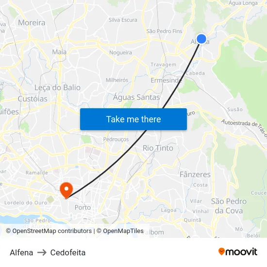 Alfena to Cedofeita map