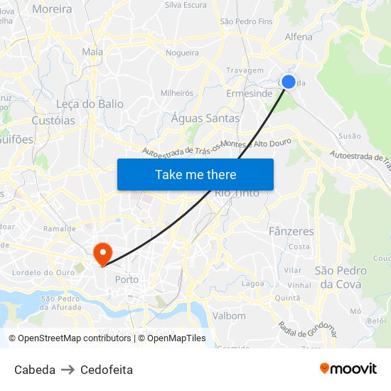 Cabeda to Cedofeita map