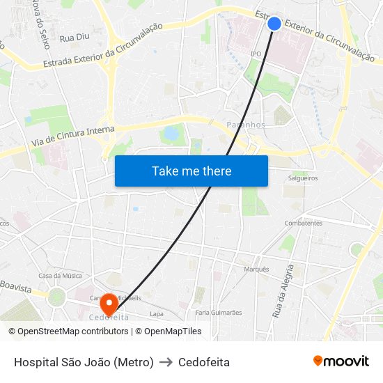 Hospital São João (Metro) to Cedofeita map