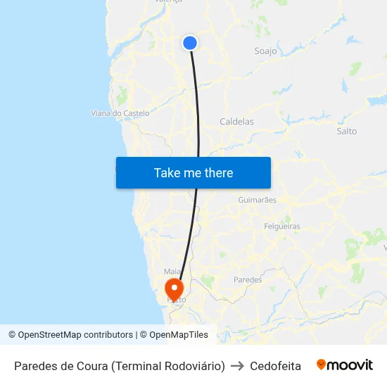 Paredes de Coura (Terminal Rodoviário) to Cedofeita map