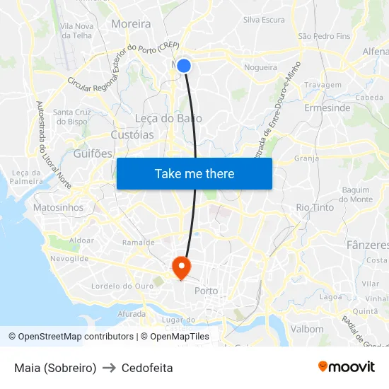 Maia (Sobreiro) to Cedofeita map
