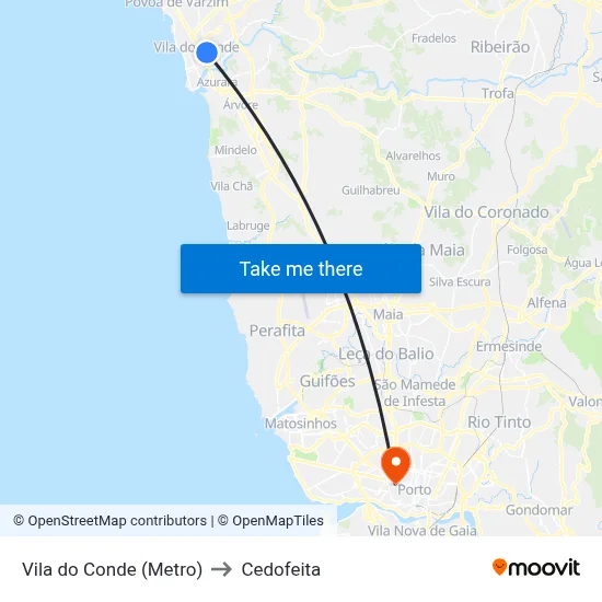 Vila do Conde (Metro) to Cedofeita map