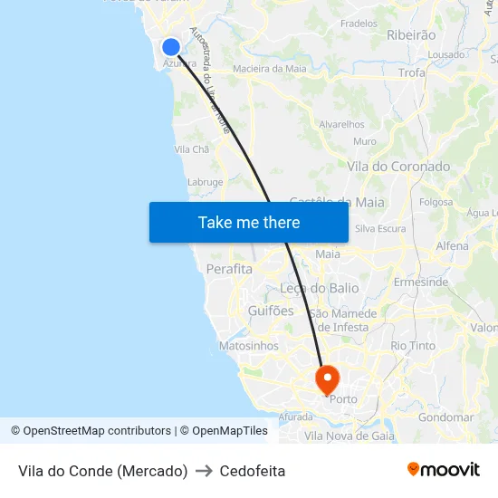 Vila do Conde (Mercado) to Cedofeita map