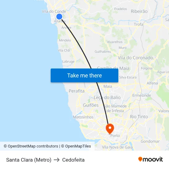 Santa Clara (Metro) to Cedofeita map