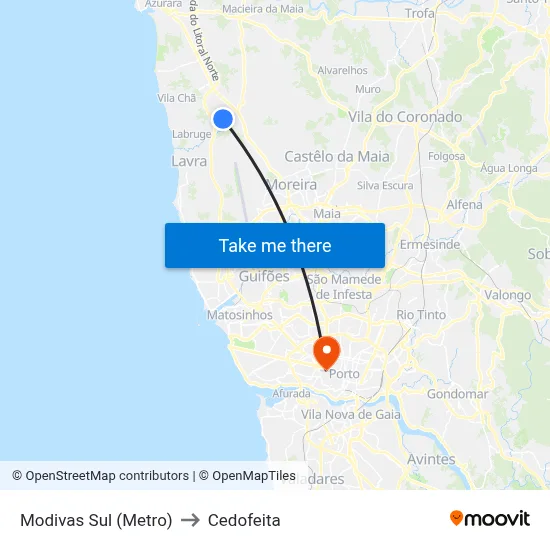 Modivas Sul (Metro) to Cedofeita map
