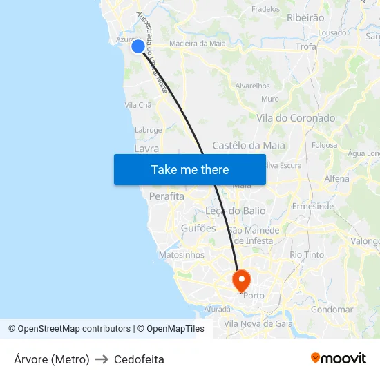 Árvore (Metro) to Cedofeita map