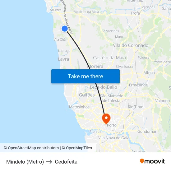 Mindelo (Metro) to Cedofeita map