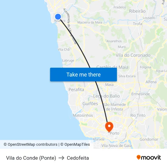 Vila do Conde (Ponte) to Cedofeita map