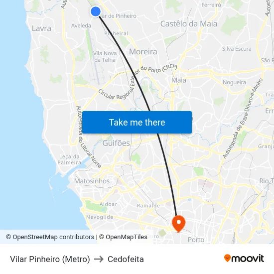 Vilar Pinheiro (Metro) to Cedofeita map