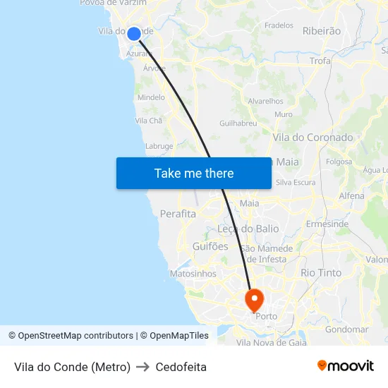 Vila do Conde (Metro) to Cedofeita map